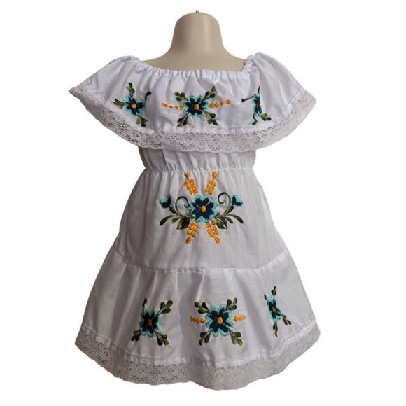 White Mexican Floral Embroidered Ruffle Dress Size 1 - Picture 3 of 9